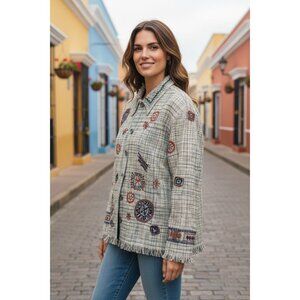 CHICO'S Womens Size 1 Green Multicolored Bohemian Embroidery Short Green Jacket